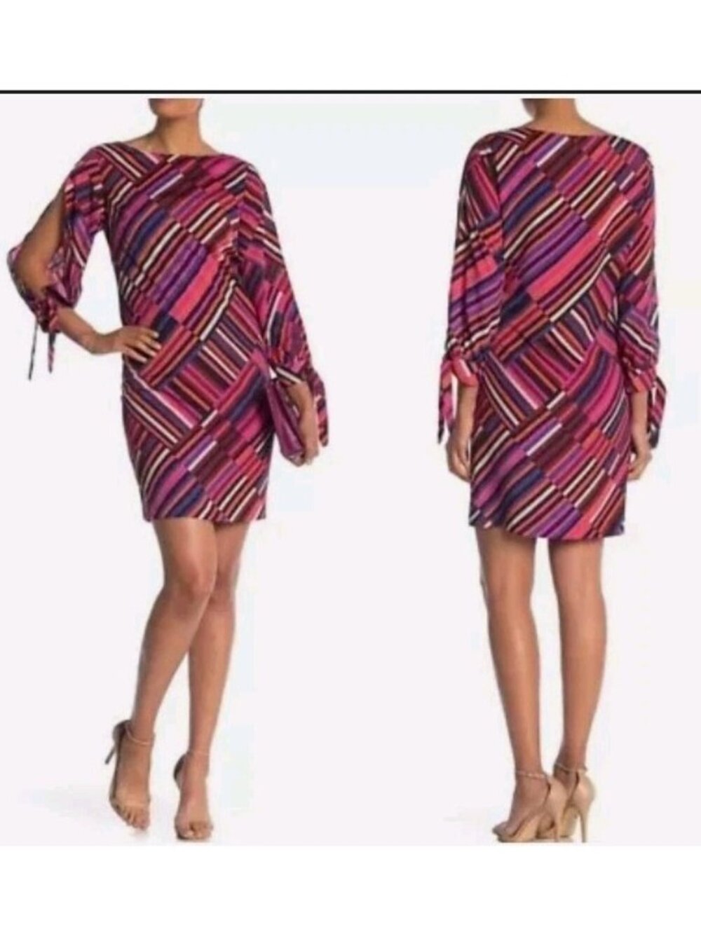Trina Turk Women M Jaxon Dress Bright Pink Stripe Bold Cuff Tie Open Slit Sleeve - Picture 1 of 8